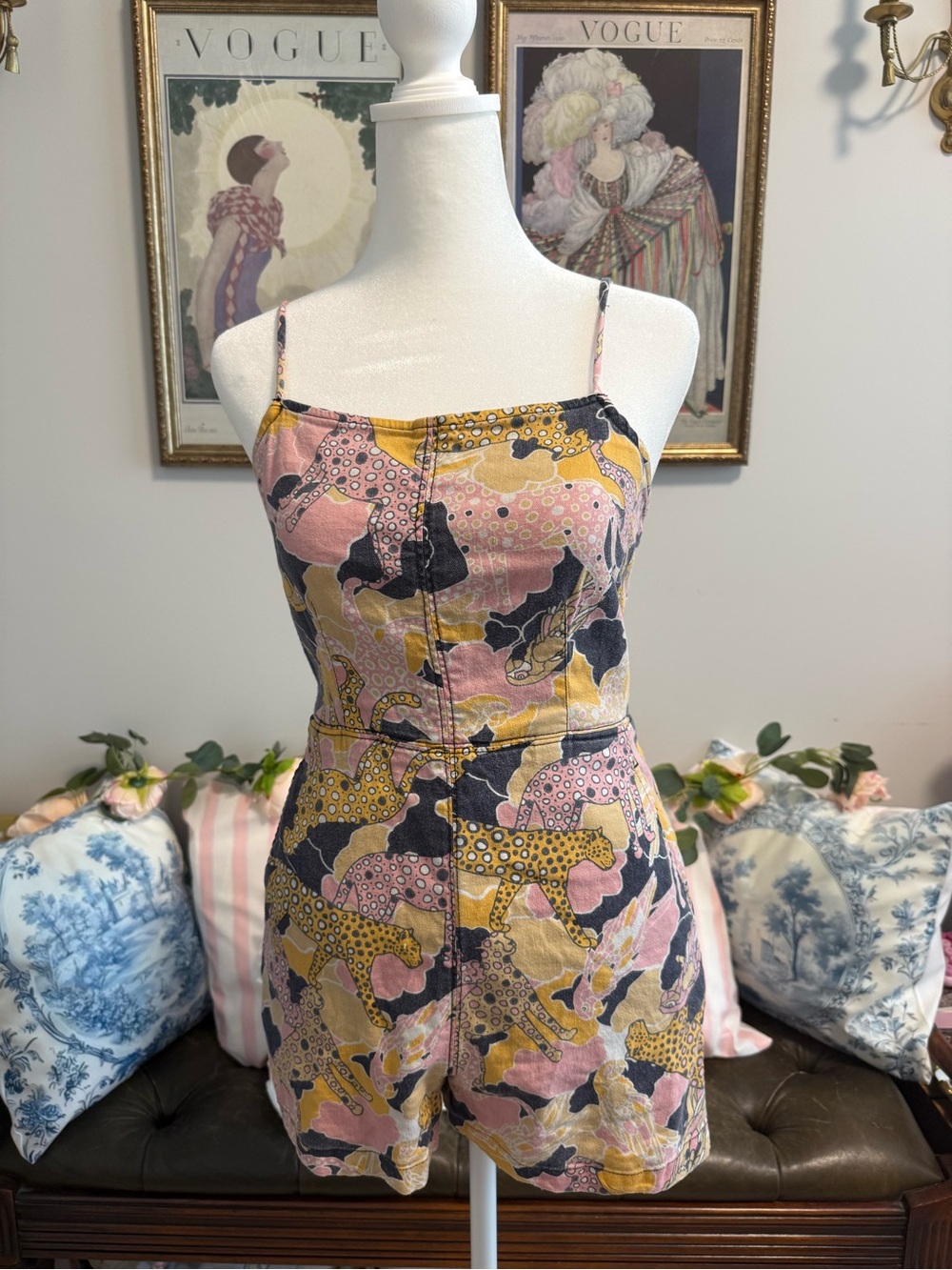 Anthropologie Pink, Mustard & Black Spaghetti-Strap Romper
